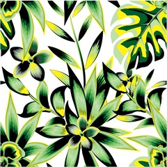Fototapeta na wymiar colorful fashionable prints texture with tropical monstera leaves and frangipani flowers plants foliage suitable for shirt cloth or textile. Floral background. Exotic tropics. Summer design