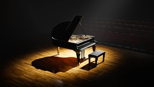Luxurious grand piano standing on a stage. Concert hall. Classical instrument.
