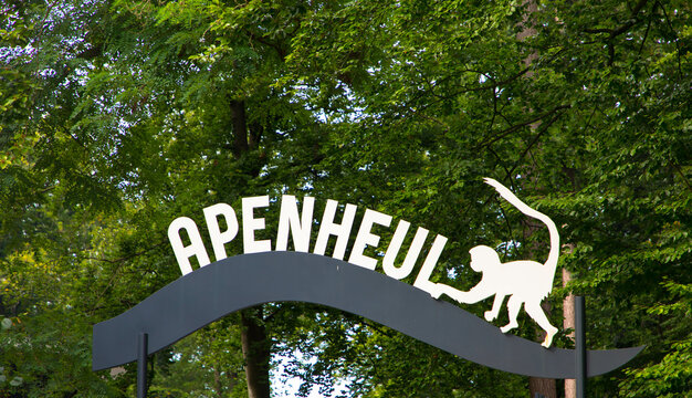 Entrance sign to the Apenheul Zoo in Apeldoorn in the Netherlands.
Apenheul, a zoo of free-roaming primates