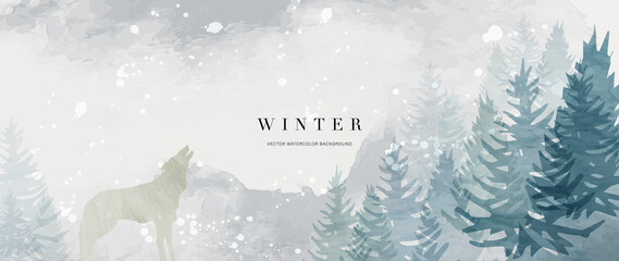 Winter background vector. Hand painted watercolor and gold brush texture, Pine forest  and wolf. Abstract art design for wallpaper, wall arts, cover, wedding and  invite card.   © TWINS DESIGN STUDIO