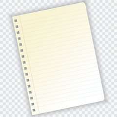 Sheet of paper. Vector illustration. Ruled paper. Notebook textured paper.