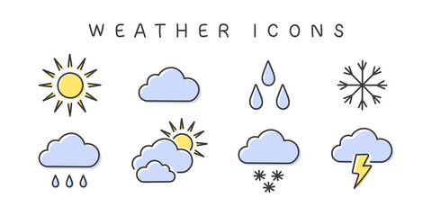 Weather Icons. Clouds and sun icons. Meteorology icons elements. Weather web icons in modern style. Vector illustration