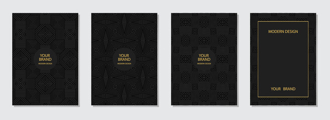 Set of cover design, vertical templates. Geometric volumetric convex ethnic 3D pattern, a unique collection of black backgrounds, embossed texture, space for text. Oriental, Indonesian, Mexican, Aztec