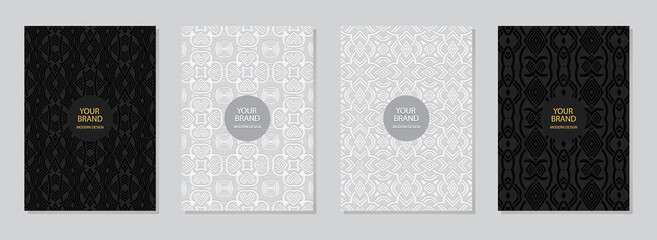 Set of cover design, vertical templates. Geometric volumetric convex ethnic 3D pattern, stylish collection of floral, curly backgrounds, embossed texture, space for text. Oriental, Indonesian, Mexican