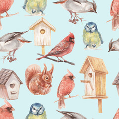 Birds birdhouse flowers christmas holiday new year patern seamless watercolor illustration hand drawn print textile vintage realism botany