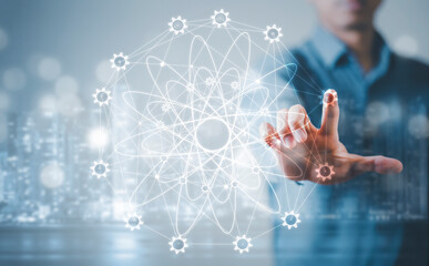 Double exposure of Businessman touchscreen on the graph Screen Icon of a media screen, Technology Process System Business with Communication and marketing concept.