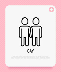 Couple of gays holding hands each other thin line icon in rainbow color. Modern vector illustration.