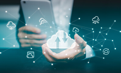 Man holding a cloud networking concept and touch screen with hand connection line on the black background, Cloud computing is system for sharing download and upload big data information, concept