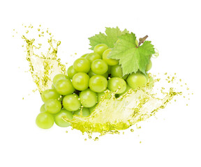 Green grape with juice splash  isolated on white background.