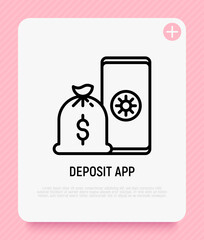 Deposit app thin line icon: bag with money on smartphone. Modern vector illustration.