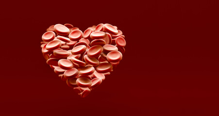 Obraz na płótnie Canvas Erythrocytes. Red blood cells arranged in a heart shape. Medical 3d visualization.