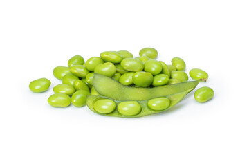 green soybean in a pod on white background.