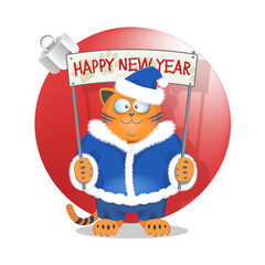 Funny cartoon smiling fat ginger cat - blue Santa Claus with a poster and the inscription Happy New Year on the background of a large red ball Christmas tree toy