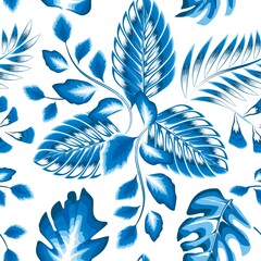 Seamless tropical pattern with blue monochromatic color style leaves and plants. Seamless exotic pattern with tropical plants. Exotic wallpaper. Trendy summer Hawaii print. beach summer themed