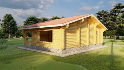Color illustrated photorealistic picture of a country wooden house made of rounded logs