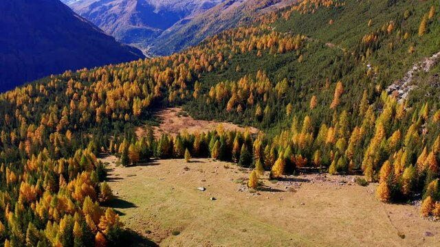 Aerial 4K, autumnal view of Alpe Entova in Valmalenco, Italy