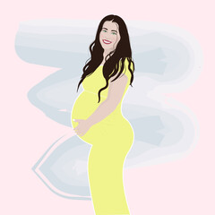 pregnant woman in her third trimester, happy in a yellow dress