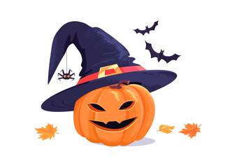 Funny Halloween pumpkin head with witch hat, cute spider and bats