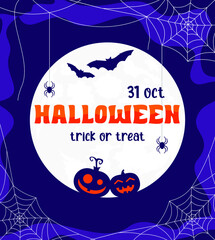 Pumpkins, bats and spiders on white cobweb with full moon on a purple background. Halloween announcement poster 