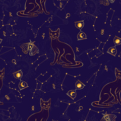 Esoteric seamless pattern with cats, zodiac, moon and horoscope. Night magic and time.