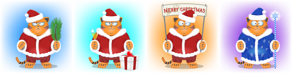 Set of funny fat ginger cartoon cats with different emotions in Santa Claus clothes with a staff, a glass, a box of gift, a Merry Christmas poster and a fir branch
