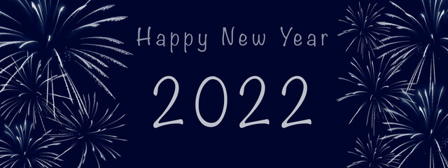 Happy New Year 2022 text, greetings decorated with firework patterns. Wide panorama background, dark blue banner. 