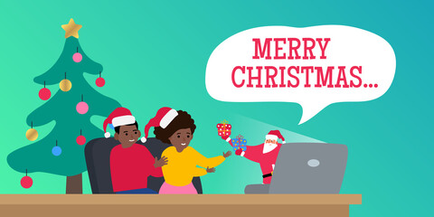 merry christmas santa claus from laptop giving a gifts to african american children