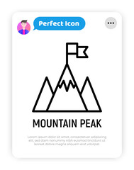 Mountain peak with flag thin line icon. Modern vector illustration of goal achievement.