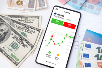 Trading mobile app, currency, stock market concept