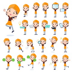 スマートフォンなどのデジタル機器を持つファストフード店員女性のセット