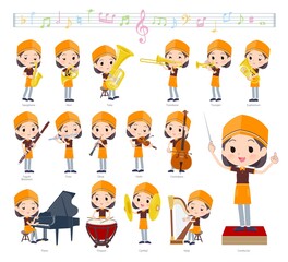 クラシック音楽演奏に関するファストフード店員女性のセット