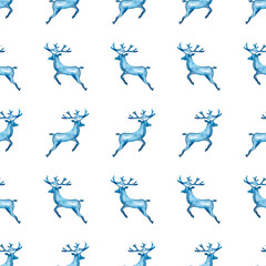 Reindeer XMAS watercolor Deer Stag eamless Pattern in Blue Color. Hand Painted Animal Moose background or wallpaper for Ornament, Wrapping or Christmas Gift
