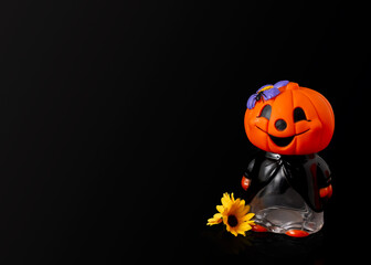 Sweet pumpkin that has flowers next to it.