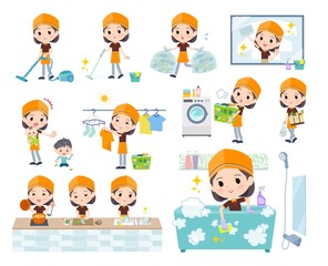 掃除や洗濯など家事に関するファストフード店員女性のセット