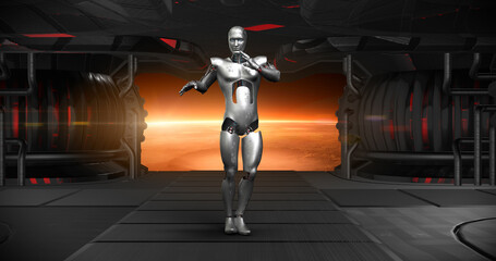 Futuristic Robot Making Dance Moves In Spaceship On A Space Journey. Technology And Space Related 3D Illustration Render.
