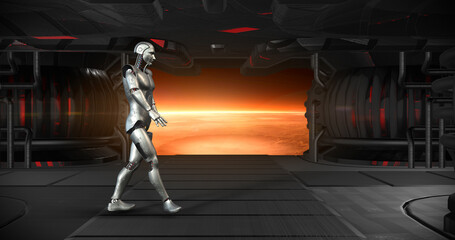 Futuristic Bionic Cyborg Making Robot Dance On A Space Journey. Technology And Space Related 3D Illustration Render.