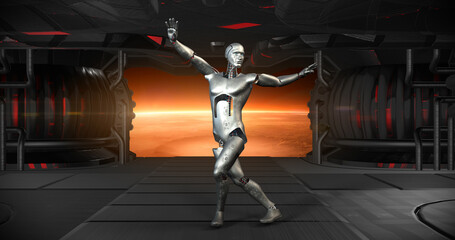 Fototapeta na wymiar Happy Funny AI Bionic Cyborg Robot Dancing In A Spaceship. Space Journey. Technology And Space Related 3D Illustration Render.