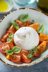 Burrata cheese with cherry tomatoes and fresh green basil served in a green bowl, close-up, vertical shot