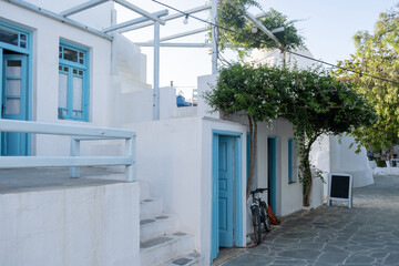 Greece, Folegandros island. Traditional shops and houses at Chora town