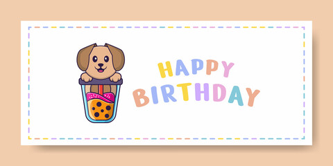 Happy Birthday banner with Cute dog cartoon character. Vector Illustration