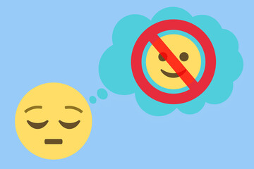 pensive face and thought bubble with prohibition sign against smiling face,on light blue background,emoji concept,vector illustration