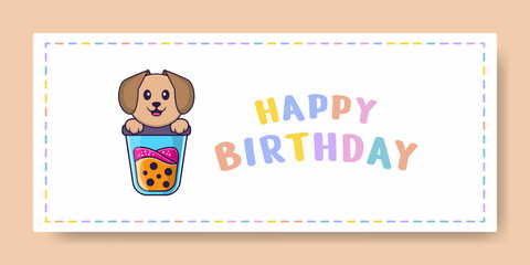 Happy Birthday banner with Cute dog cartoon character. Vector Illustration