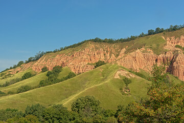 Fototapeta na wymiar Slopes of Rapa Rosie, the grand canyon of Romania, with orange rocks and green meadows