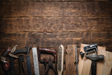 Construction work tools on the carpenter workbench flat lay background with copy space.
