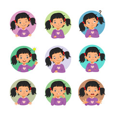 Little girl facial expressions set. Vector of various hands postures with different emotions such as winking, smiling, thinking, got an ideas, bored, sad, worried, shocked, angry.