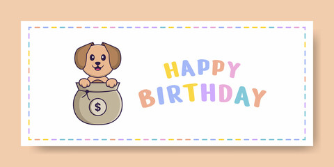 Happy Birthday banner with Cute dog cartoon character. Vector Illustration