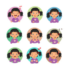 Little girl facial expressions emotions set. Such as laughing, silly face, hands cover mouth, silence, love sign, miss, crying, sleepy, yelling. Vector of avatar of different hands gestures and signs