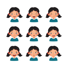 Cute little girl with facial expressions set. Vector of kid faces with different emotions such as happy, smiling, laughing, winking, sulking, surprised, shocked, angry, confused, and worried.
