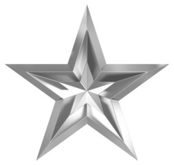 5 point star - Christmas Star - silver metal single isolated on white - 3d rendering