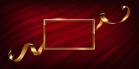 Gold frame with silk ribbon on red curtain, 3d vintage luxury banner for awards ceremony © backup16